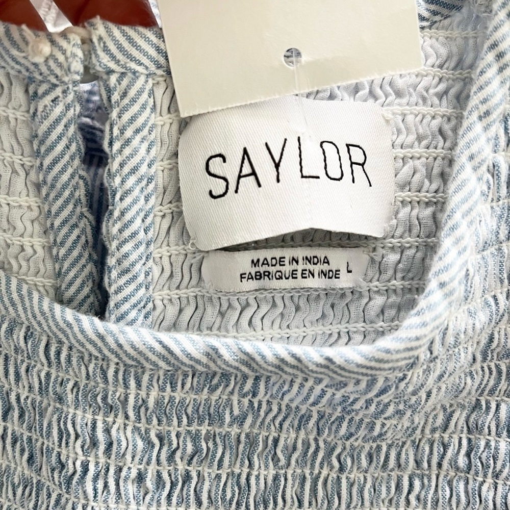 SAYLOR NWT Smocked Mini Dress Size Large Blue Pinstripe Eyelet Coquette Preppy - Picture 10 of 12